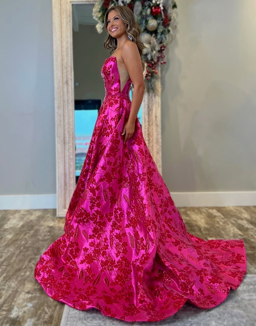 Fuchsia A-Line Strapless Floral Long Prom Dress with Slit
