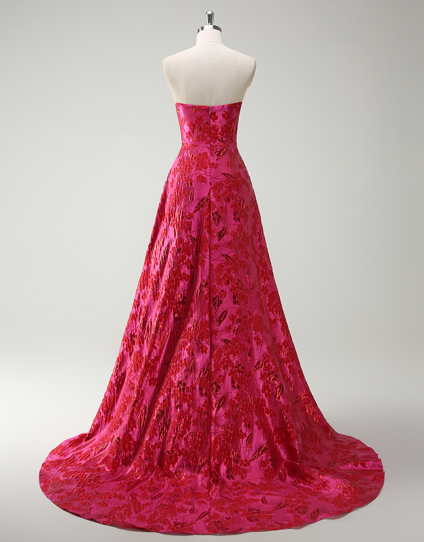 Fuchsia A-Line Strapless Floral Long Prom Dress with Slit
