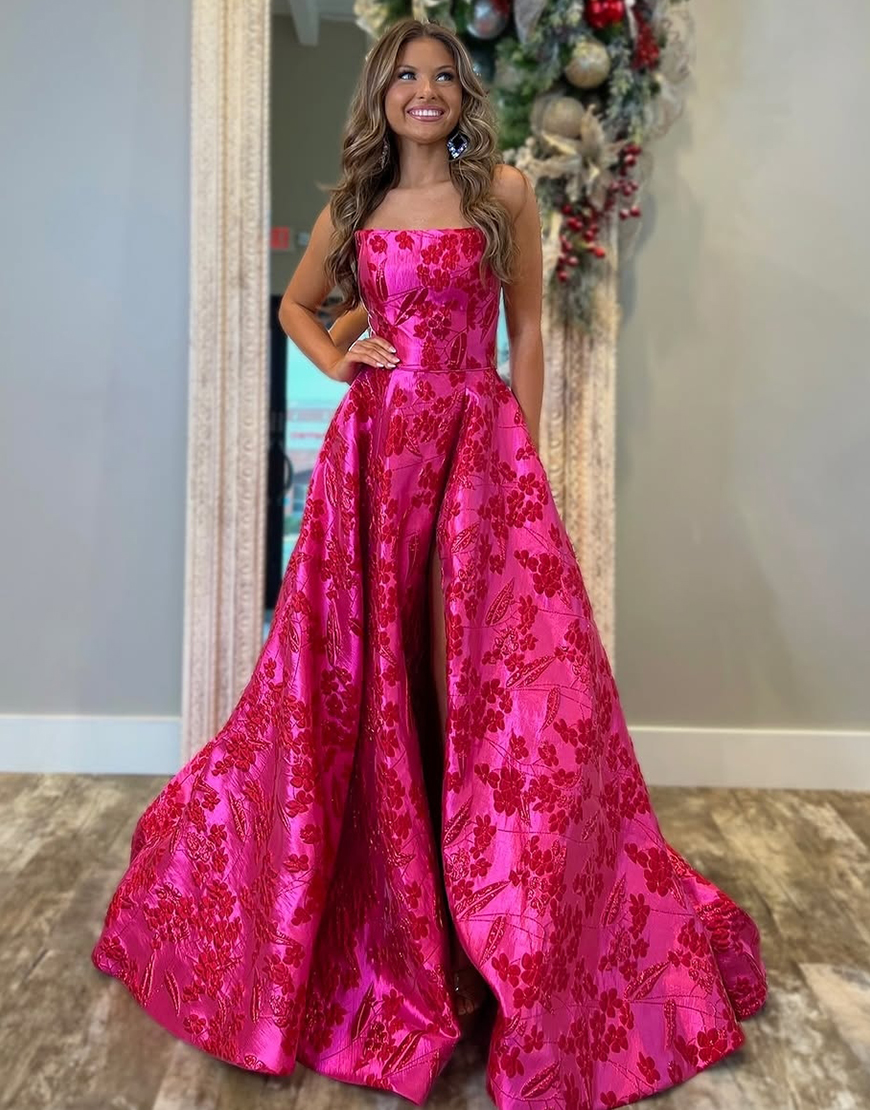Fuchsia A-Line Strapless Floral Long Prom Dress with Slit