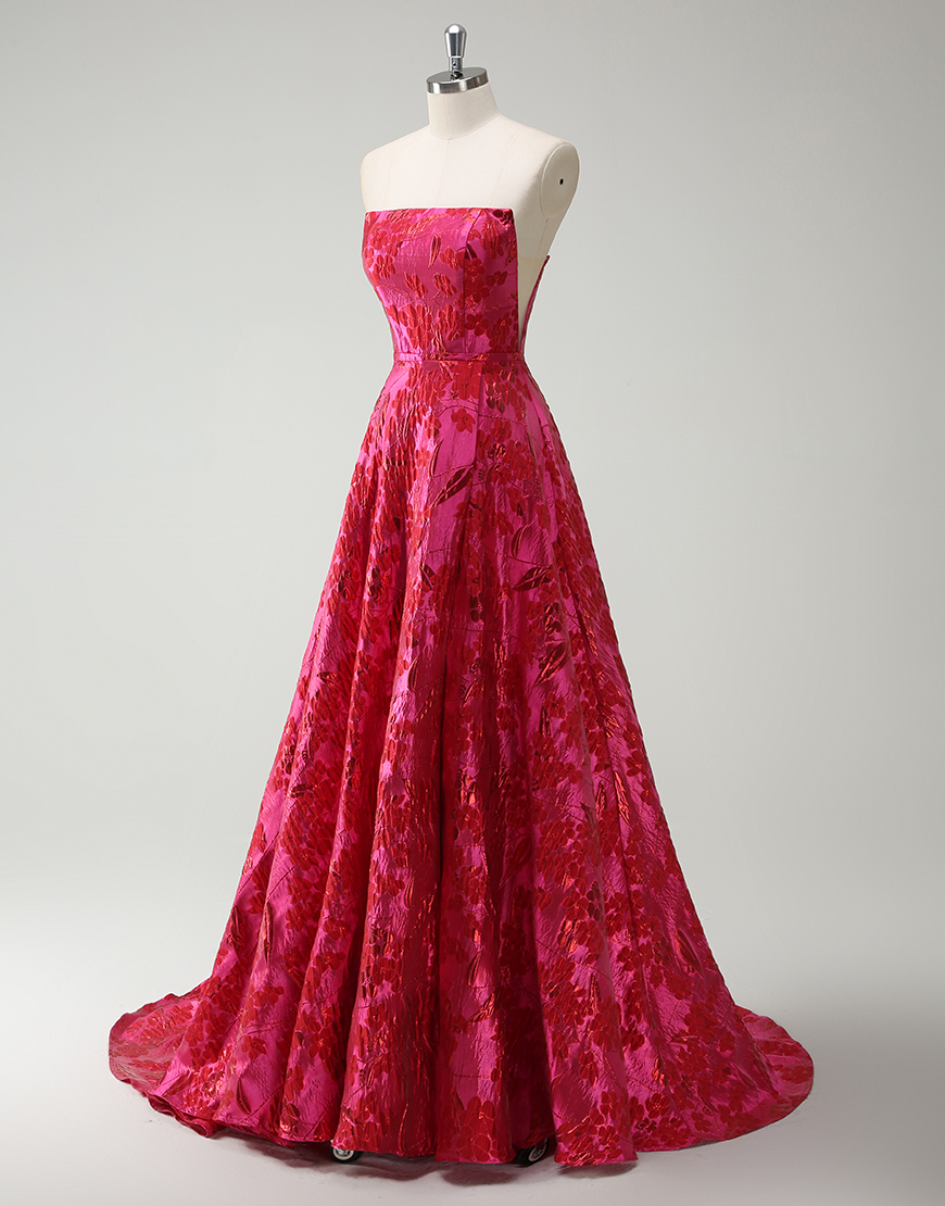 Fuchsia A-Line Strapless Floral Long Prom Dress with Slit