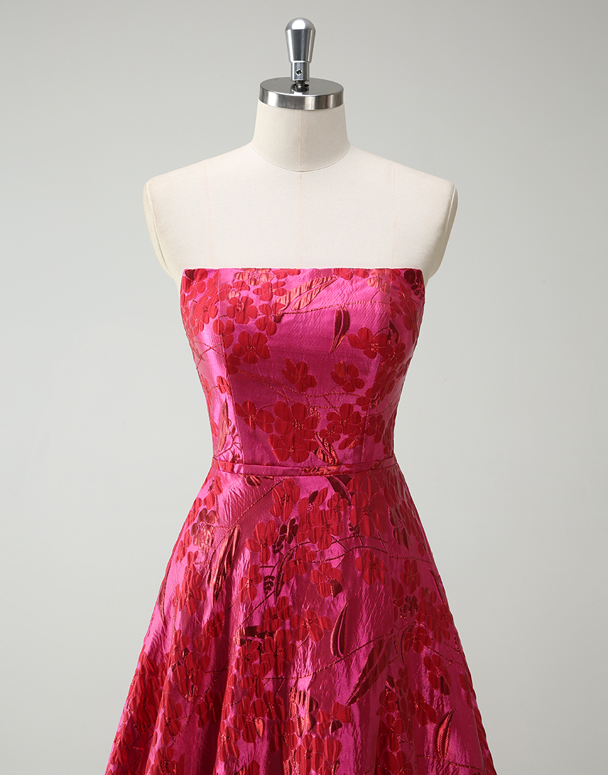 Fuchsia A-Line Strapless Floral Long Prom Dress with Slit