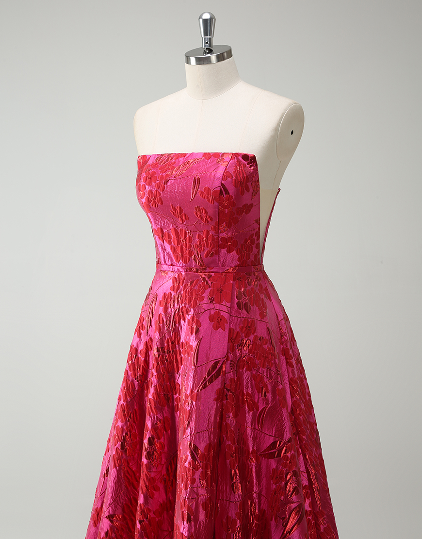 Fuchsia A-Line Strapless Floral Long Prom Dress with Slit