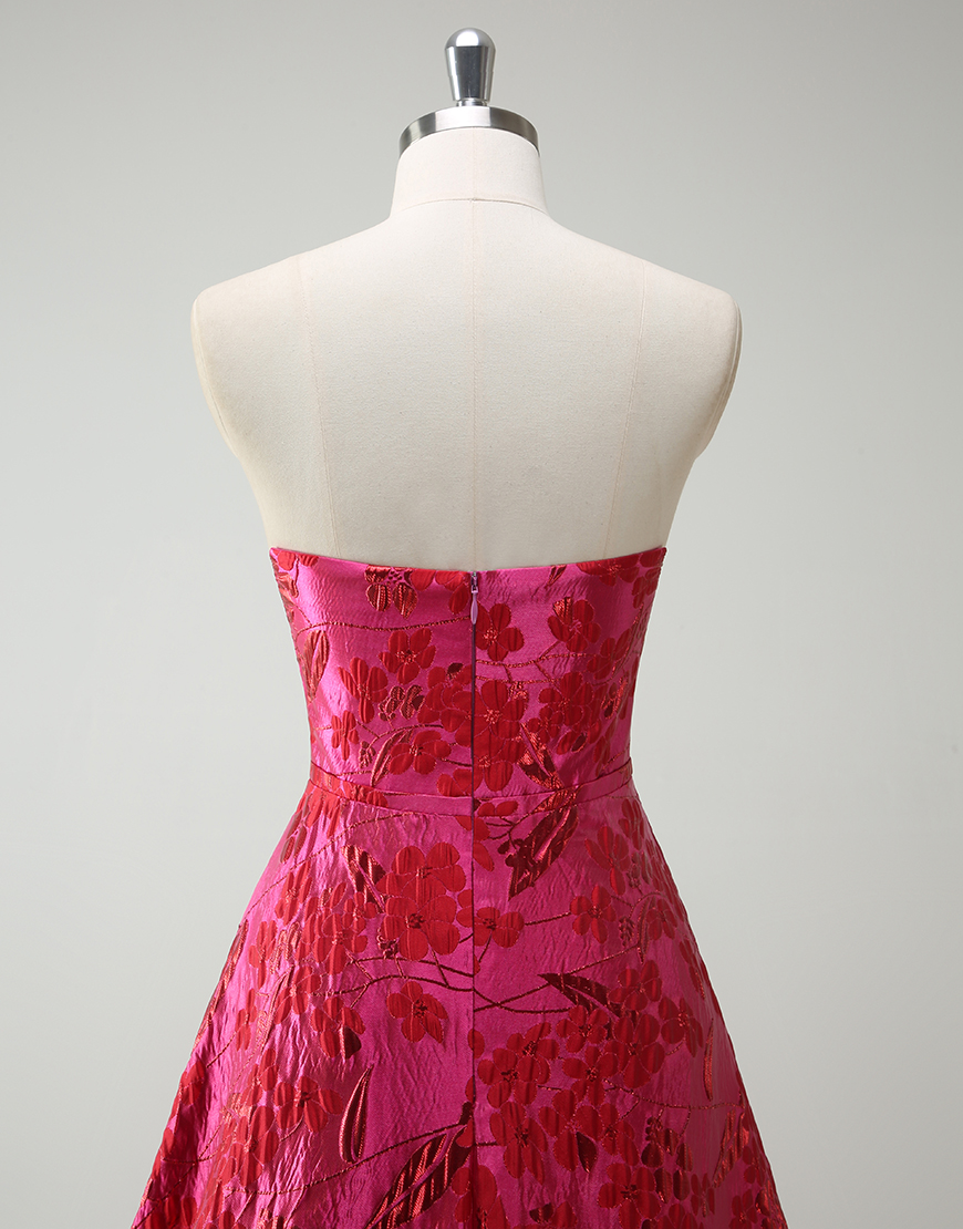 Fuchsia A-Line Strapless Floral Long Prom Dress with Slit