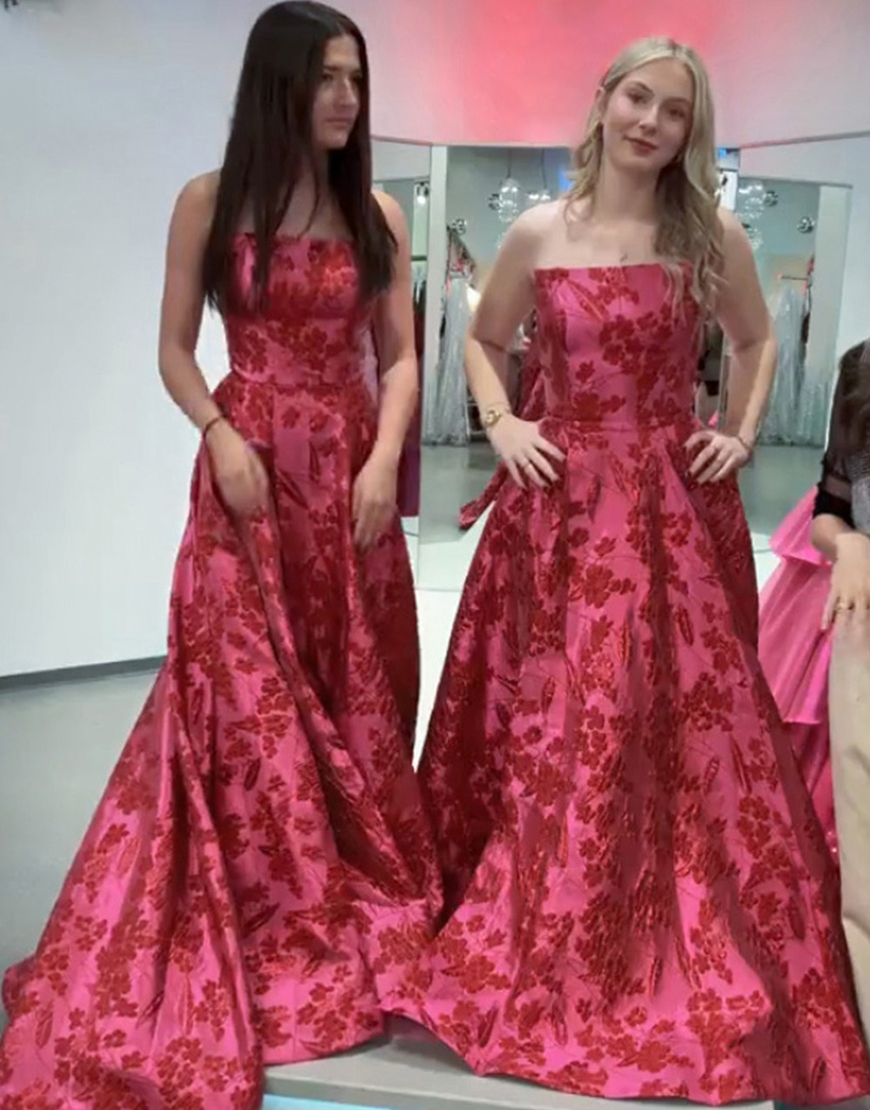 Fuchsia A-Line Strapless Floral Long Prom Dress with Slit