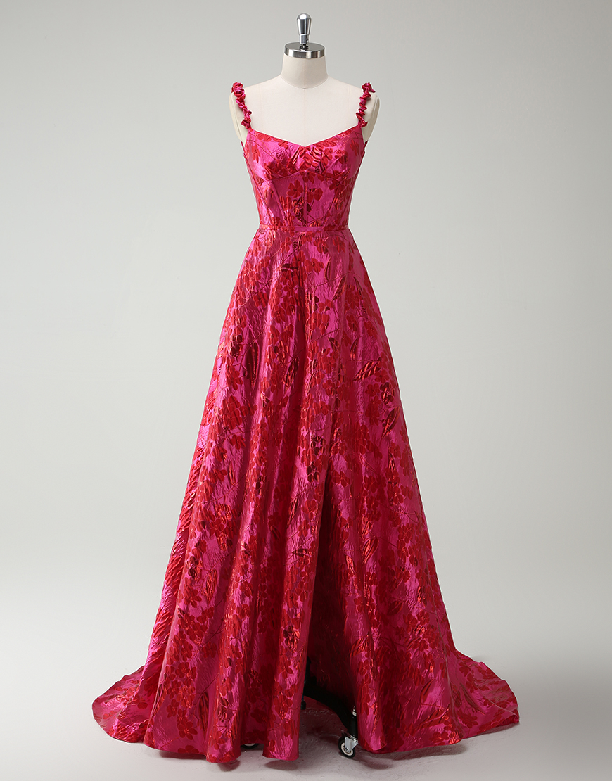 Fuchsia A-Line Floral Spaghetti Straps Corset Long Prom Dress with Slit