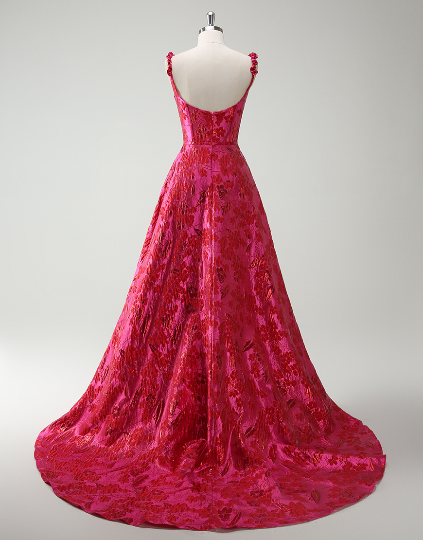 Fuchsia A-Line Floral Spaghetti Straps Corset Long Prom Dress with Slit