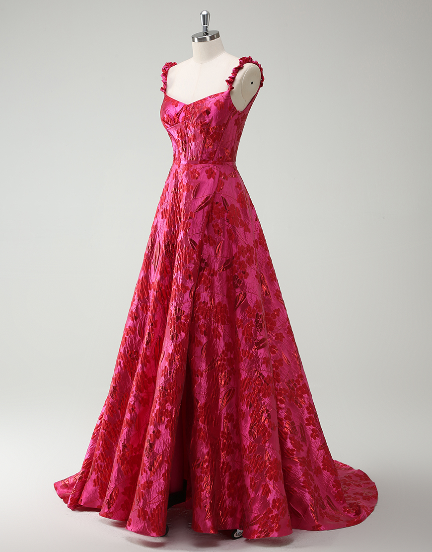 Fuchsia A-Line Floral Spaghetti Straps Corset Long Prom Dress with Slit