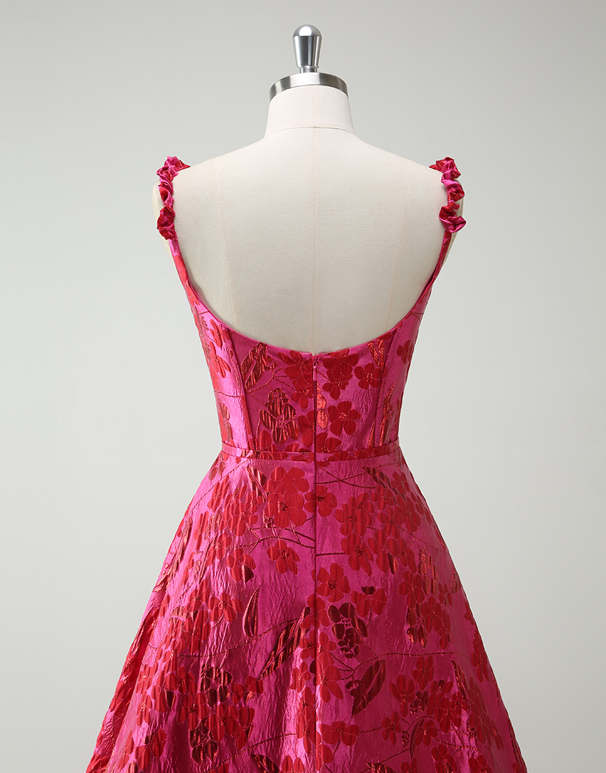 Fuchsia A-Line Floral Spaghetti Straps Corset Long Prom Dress with Slit
