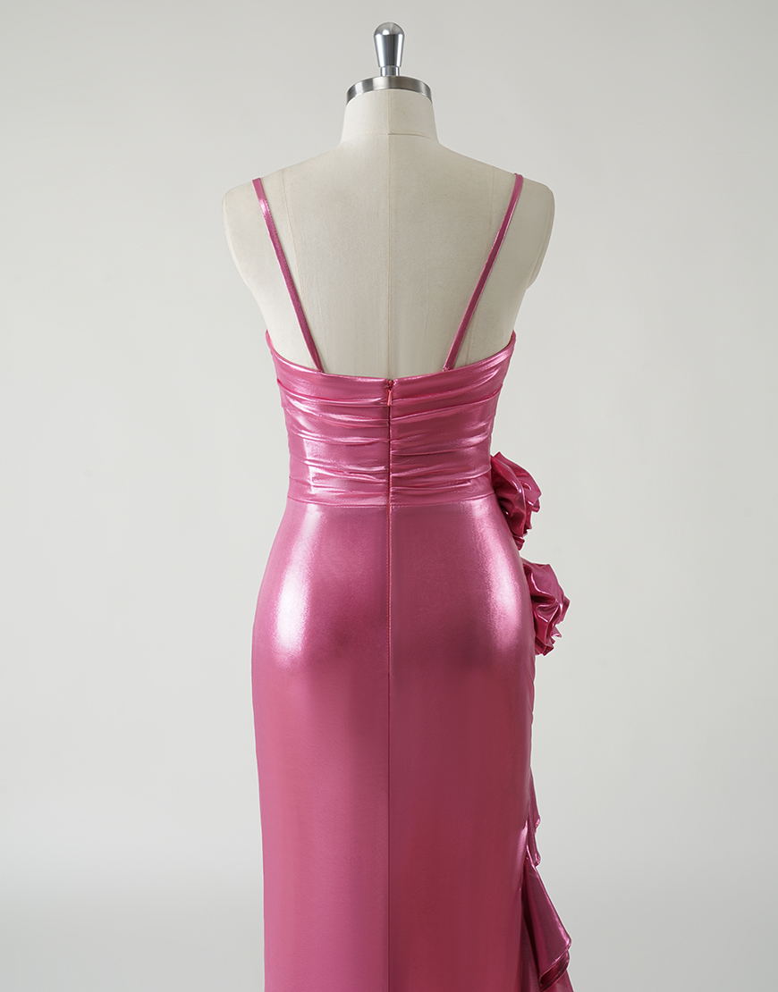 Sparkly Fuchsia Mermaid Strapless Ruched 3D Flower Long Prom Dress With Ruffles Split 