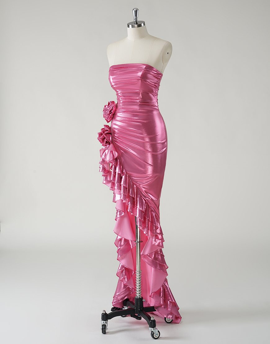 Sparkly Fuchsia Mermaid Strapless Ruched 3D Flower Long Prom Dress With Ruffles Split 