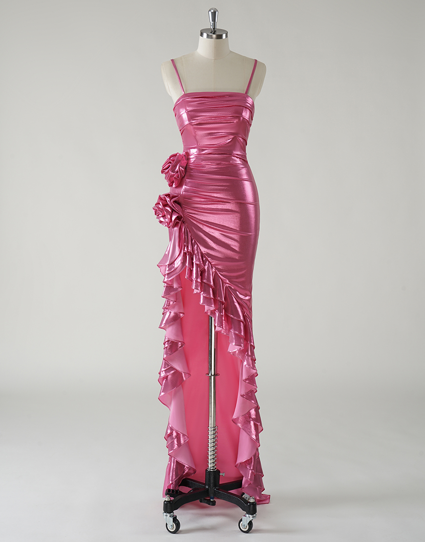 Sparkly Fuchsia Mermaid Strapless Ruched 3D Flower Long Prom Dress With Ruffles Split 