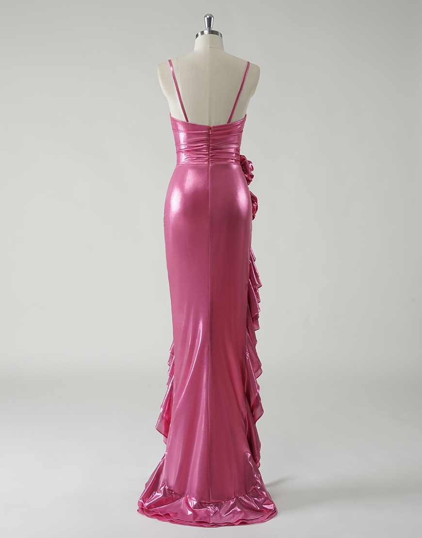 Sparkly Fuchsia Mermaid Strapless Ruched 3D Flower Long Prom Dress With Ruffles Split 