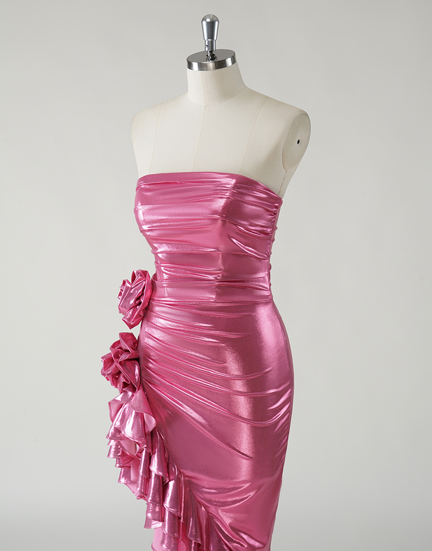 Sparkly Fuchsia Mermaid Strapless Ruched 3D Flower Long Prom Dress With Ruffles Split 