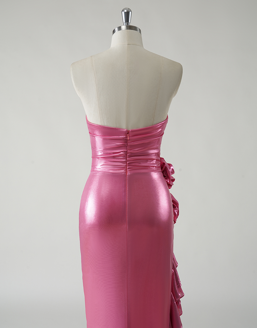 Sparkly Fuchsia Mermaid Strapless Ruched 3D Flower Long Prom Dress With Ruffles Split 