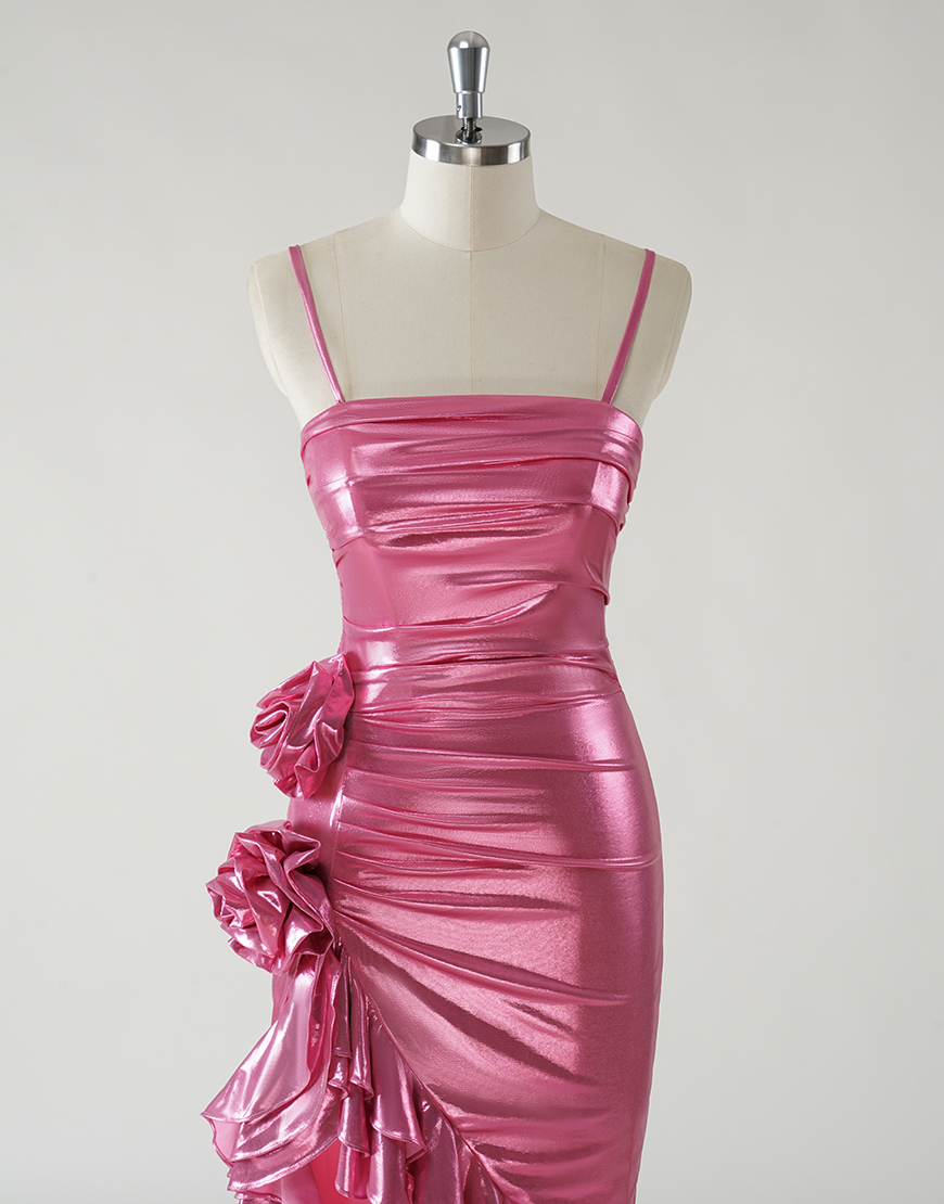 Sparkly Fuchsia Mermaid Strapless Ruched 3D Flower Long Prom Dress With Ruffles Split 