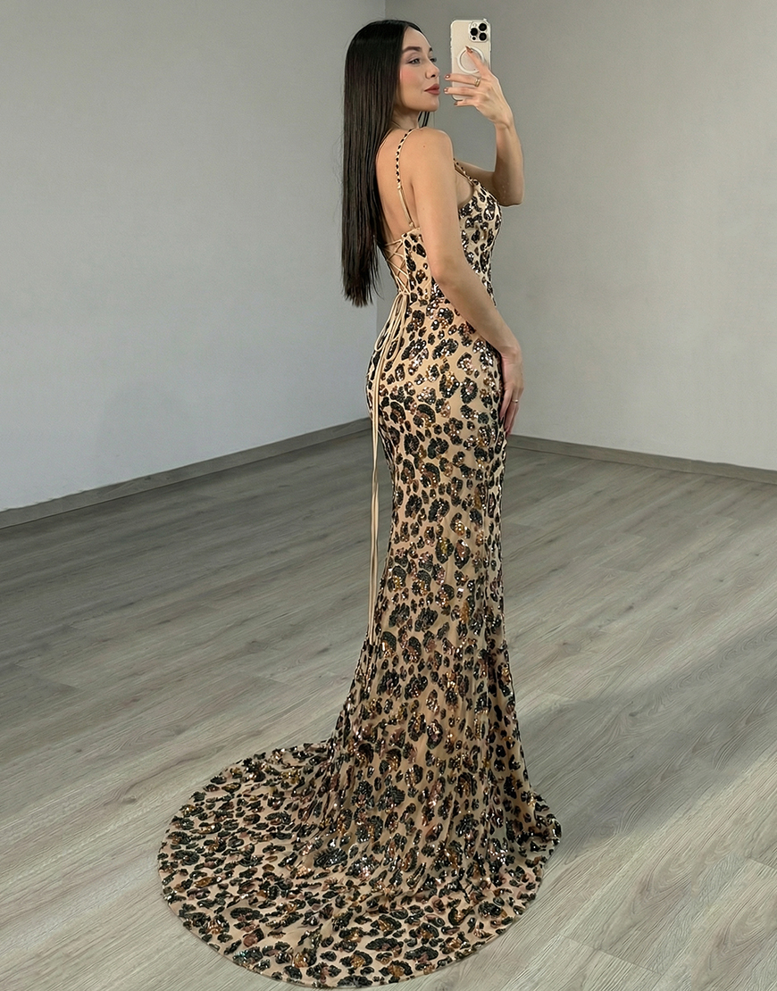 Sparkly Khaki Leopard Corset Sequin Mermaid Long Prom Dress with Slit