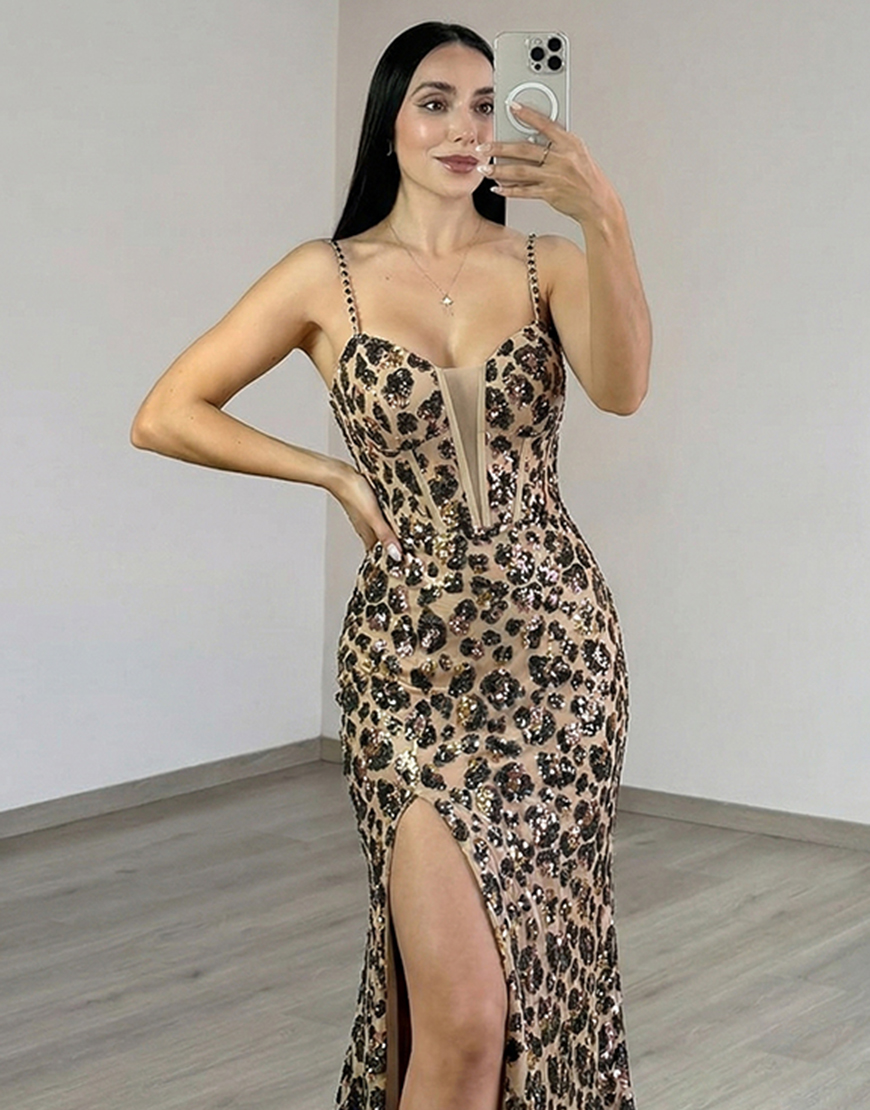 Sparkly Khaki Leopard Corset Sequin Mermaid Long Prom Dress with Slit