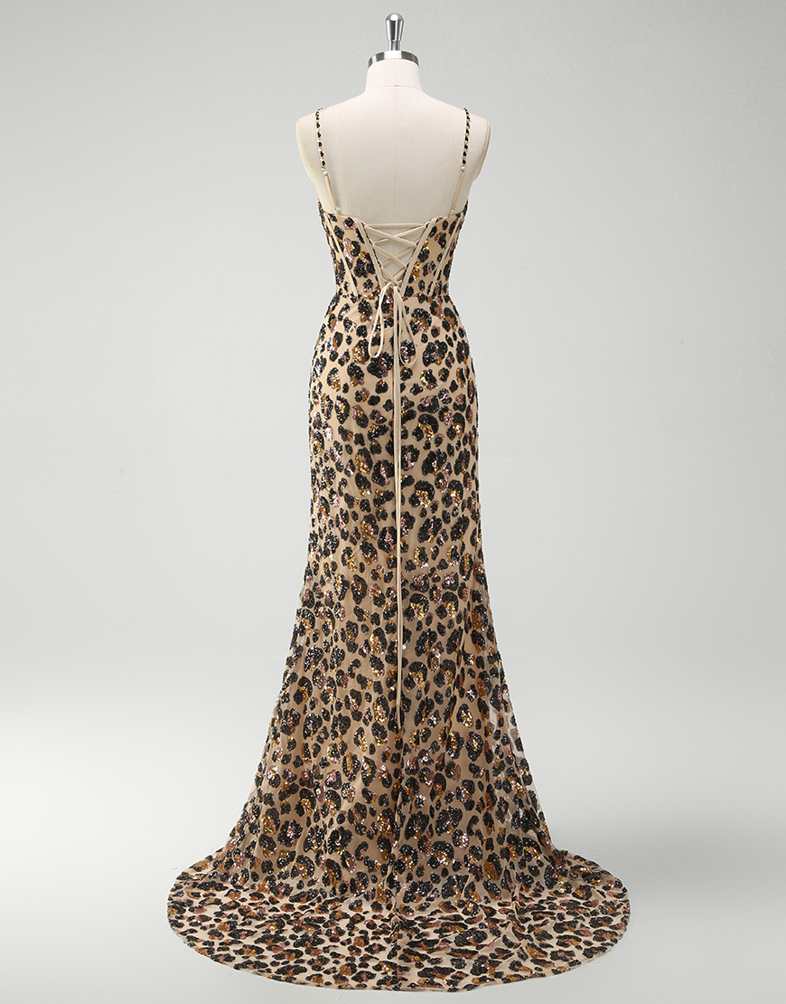 Sparkly Sequined Khaki Leopard Mermaid Spaghetti Straps Corset Long Prom Dress with Slit