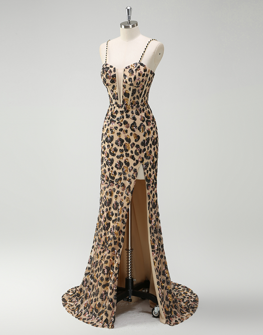 Sparkly Sequined Khaki Leopard Mermaid Spaghetti Straps Corset Long Prom Dress with Slit