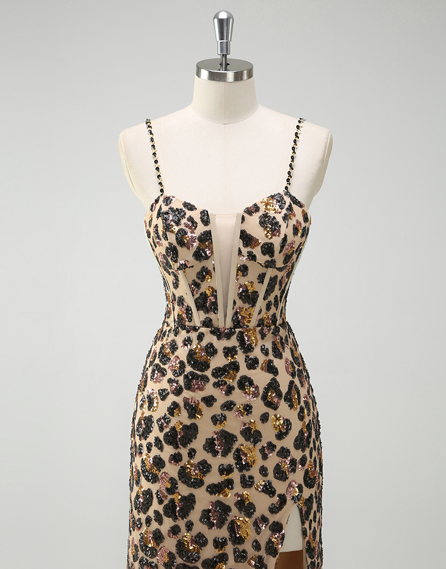 Sparkly Sequined Khaki Leopard Mermaid Spaghetti Straps Corset Long Prom Dress with Slit