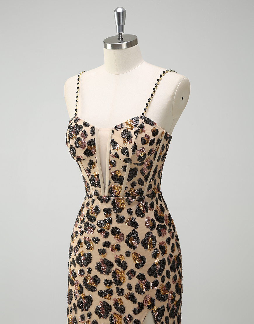 Sparkly Sequined Khaki Leopard Mermaid Spaghetti Straps Corset Long Prom Dress with Slit