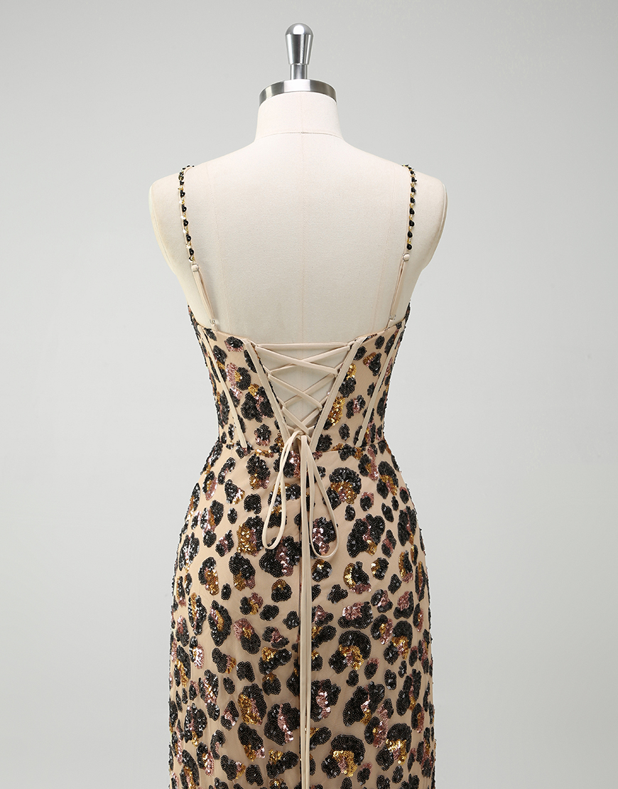 Sparkly Sequined Khaki Leopard Mermaid Spaghetti Straps Corset Long Prom Dress with Slit