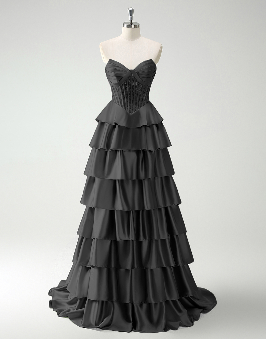 Sparkly Green A-Line Strapless Sequined Corset Ruffles Satin Long Prom Dress