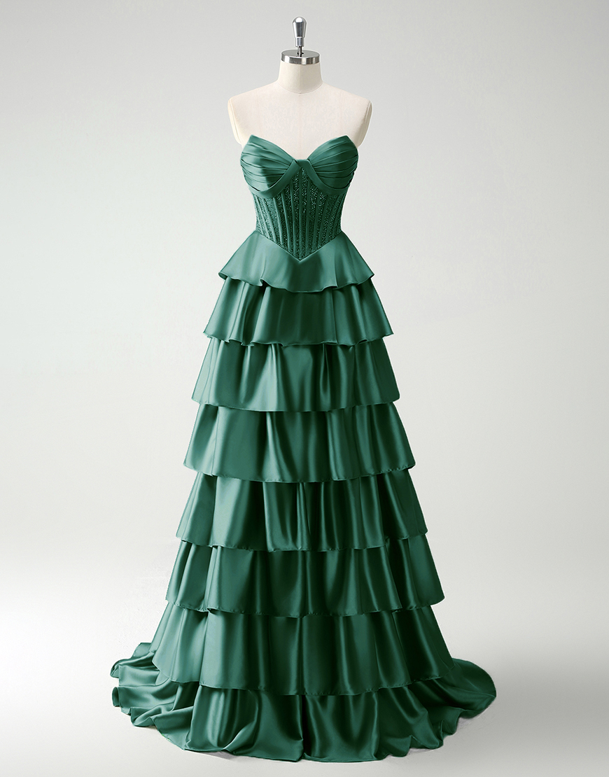 Sparkly Green A-Line Strapless Sequined Corset Ruffles Satin Long Prom Dress