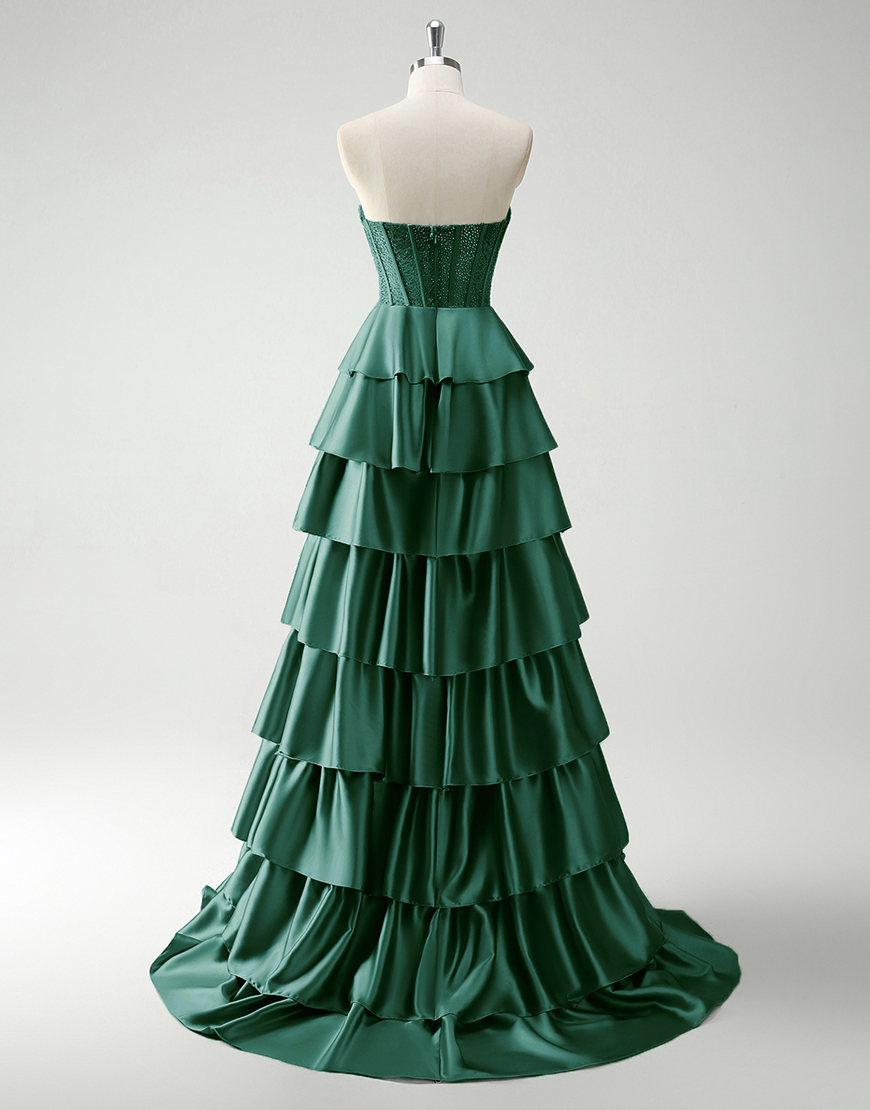 Sparkly Green A-Line Strapless Sequined Corset Ruffles Satin Long Prom Dress