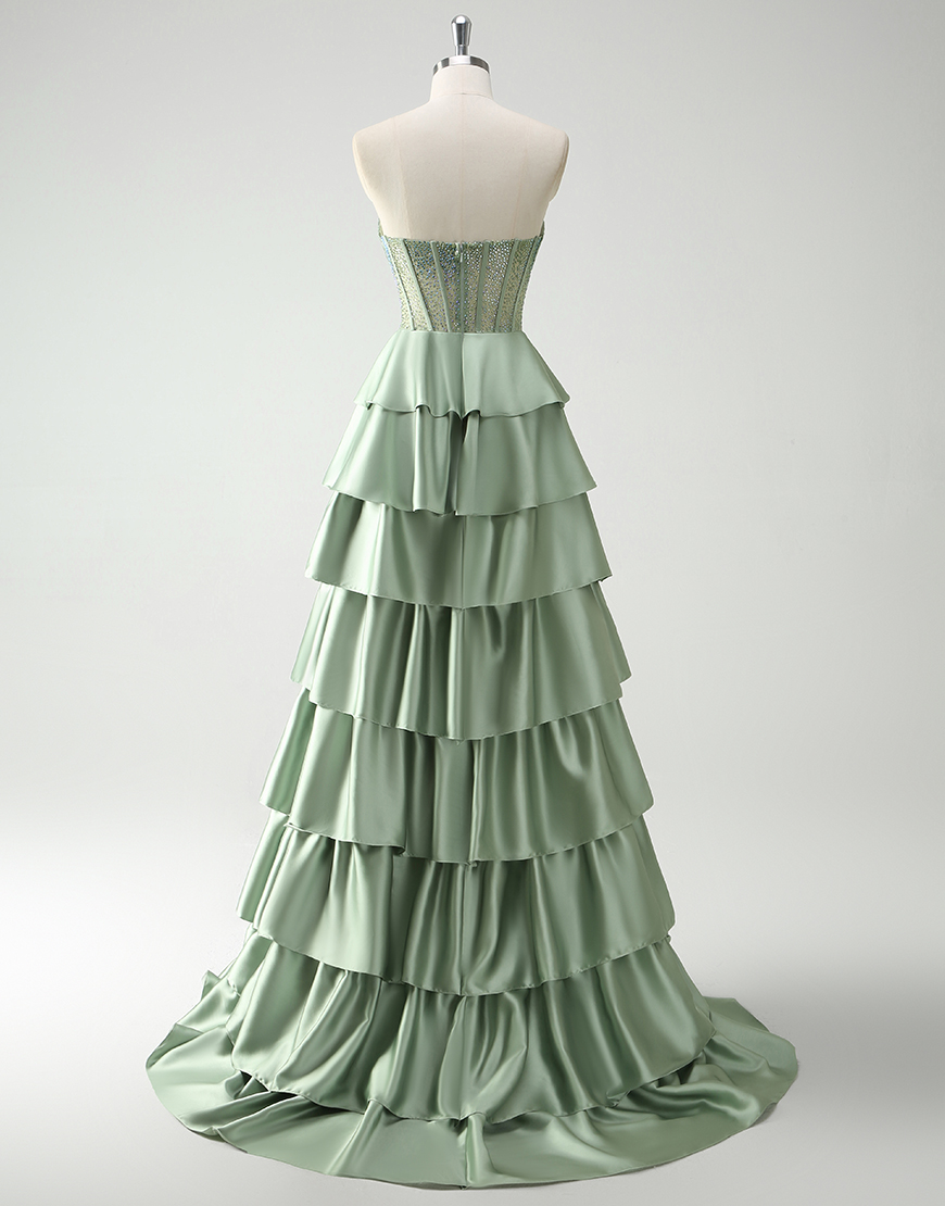 Sparkly Green A-Line Strapless Sequined Corset Ruffles Satin Long Prom Dress