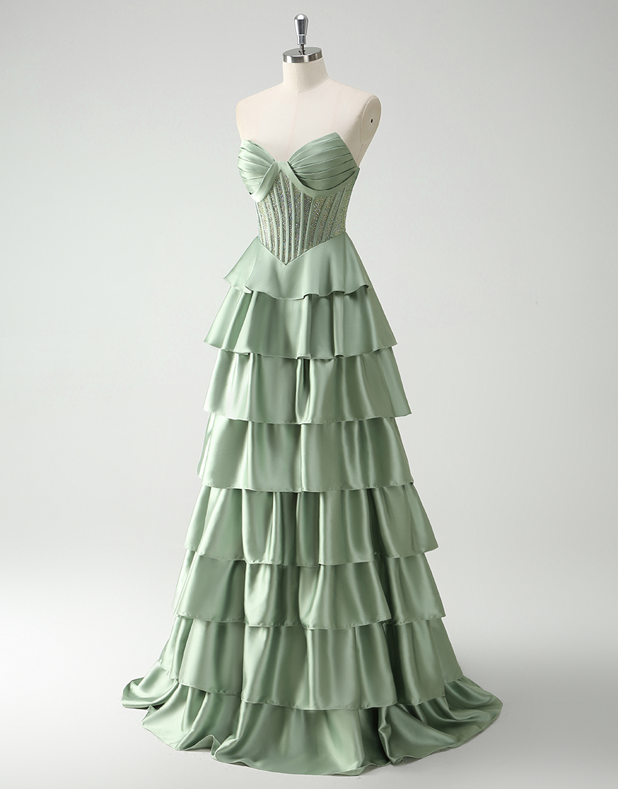 Sparkly Green A-Line Strapless Sequined Corset Ruffles Satin Long Prom Dress