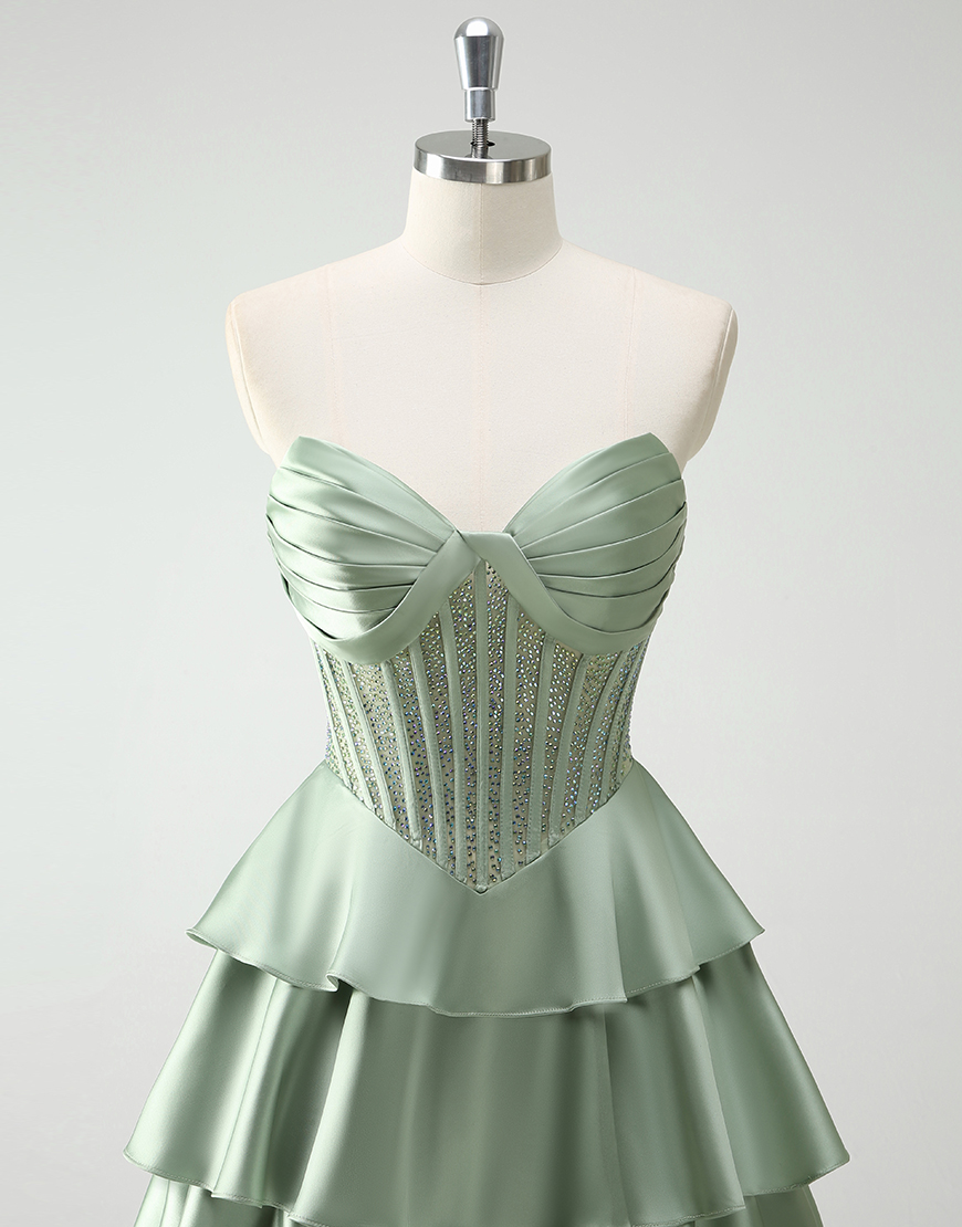 Sparkly Green A-Line Strapless Sequined Corset Ruffles Satin Long Prom Dress