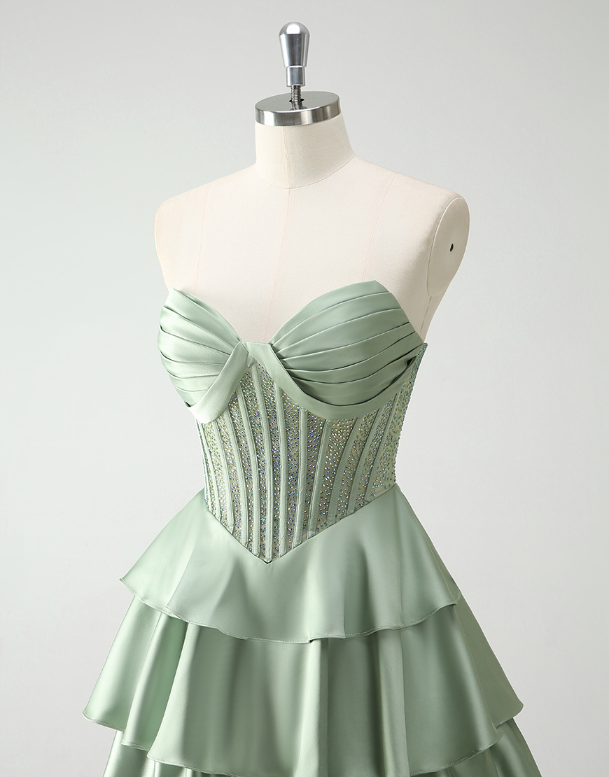 Sparkly Green A-Line Strapless Sequined Corset Ruffles Satin Long Prom Dress