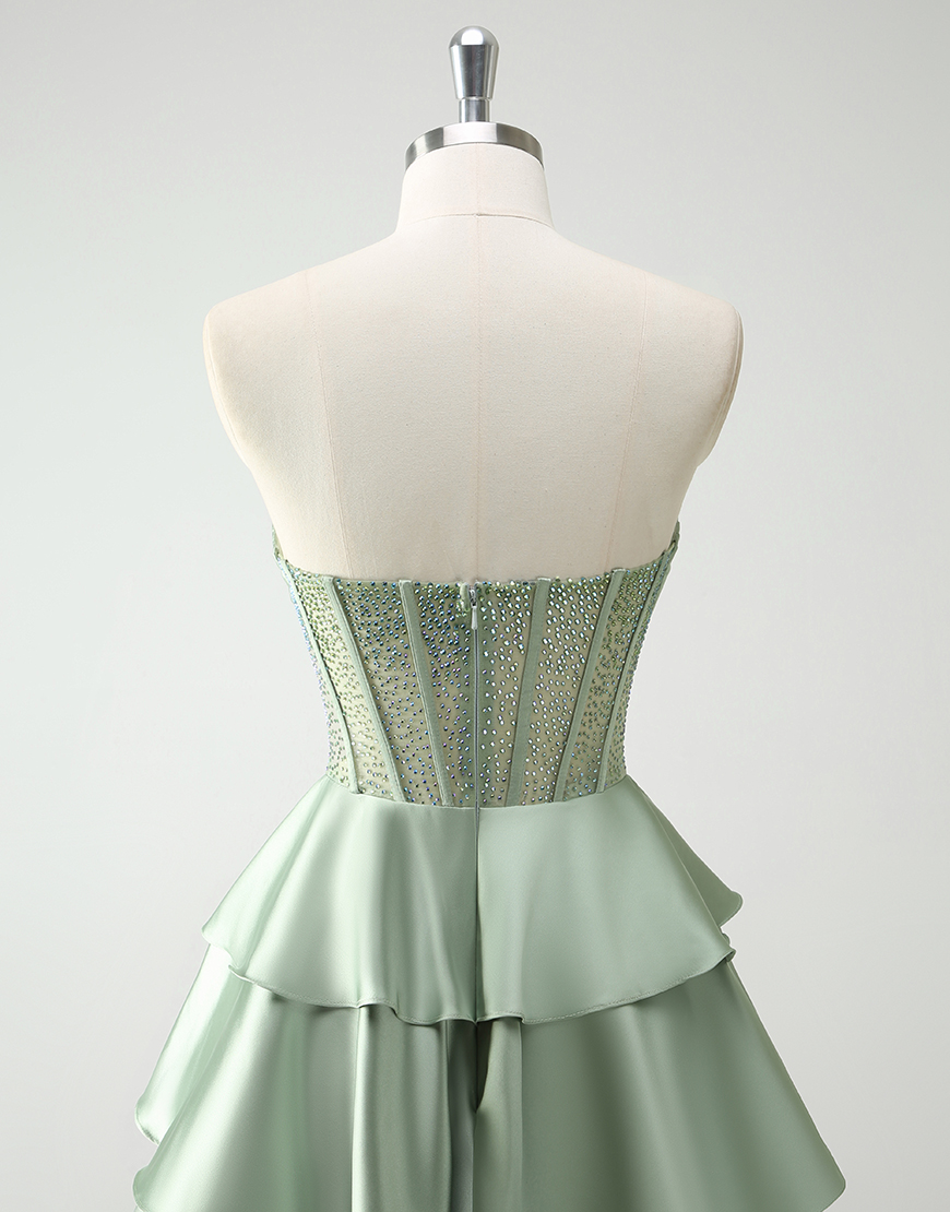 Sparkly Green A-Line Strapless Sequined Corset Ruffles Satin Long Prom Dress