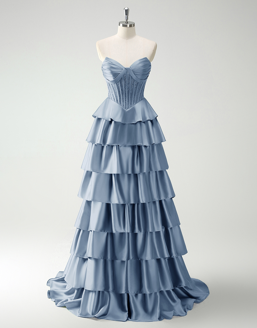 Sparkly Green A-Line Strapless Sequined Corset Ruffles Satin Long Prom Dress