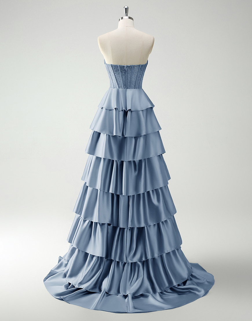 Sparkly Green A-Line Strapless Sequined Corset Ruffles Satin Long Prom Dress