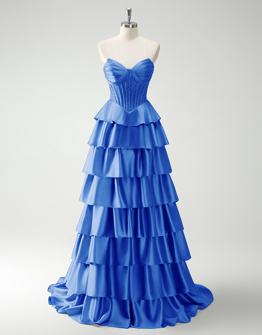 Sparkly Green A-Line Strapless Sequined Corset Ruffles Satin Long Prom Dress