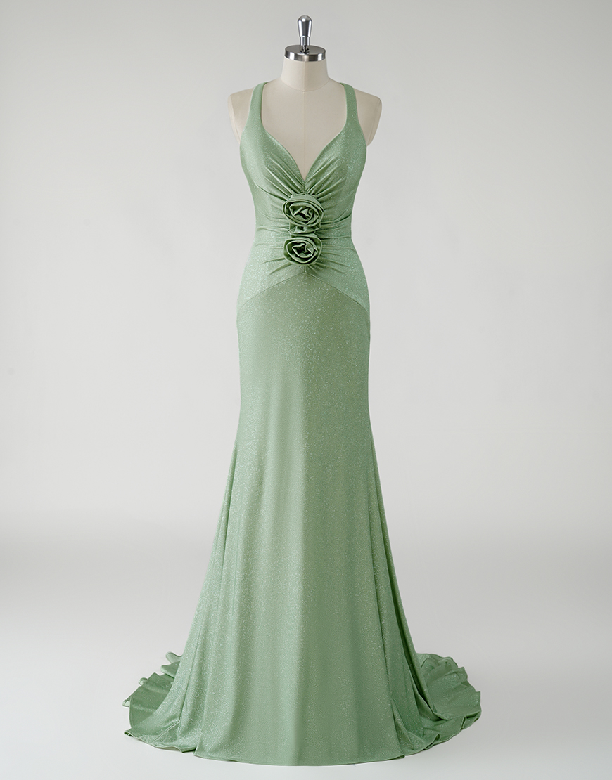 Sparkly Green Mermaid Halter V-Neck Long Prom Dress with 3D Flower