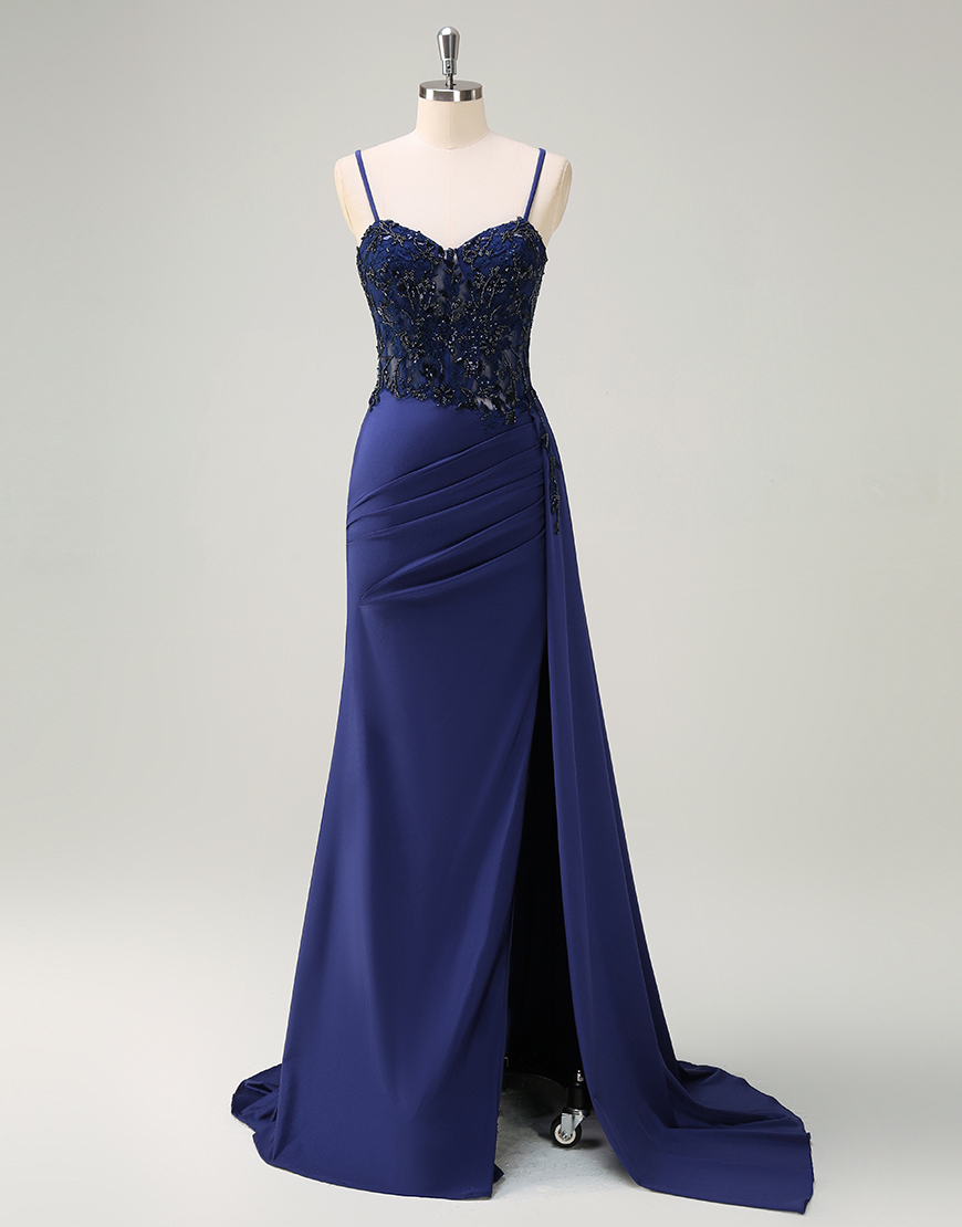 Sparkly Navy Mermaid Spaghetti Straps Beaded Appliques Corset Long Prom Dress with Slit