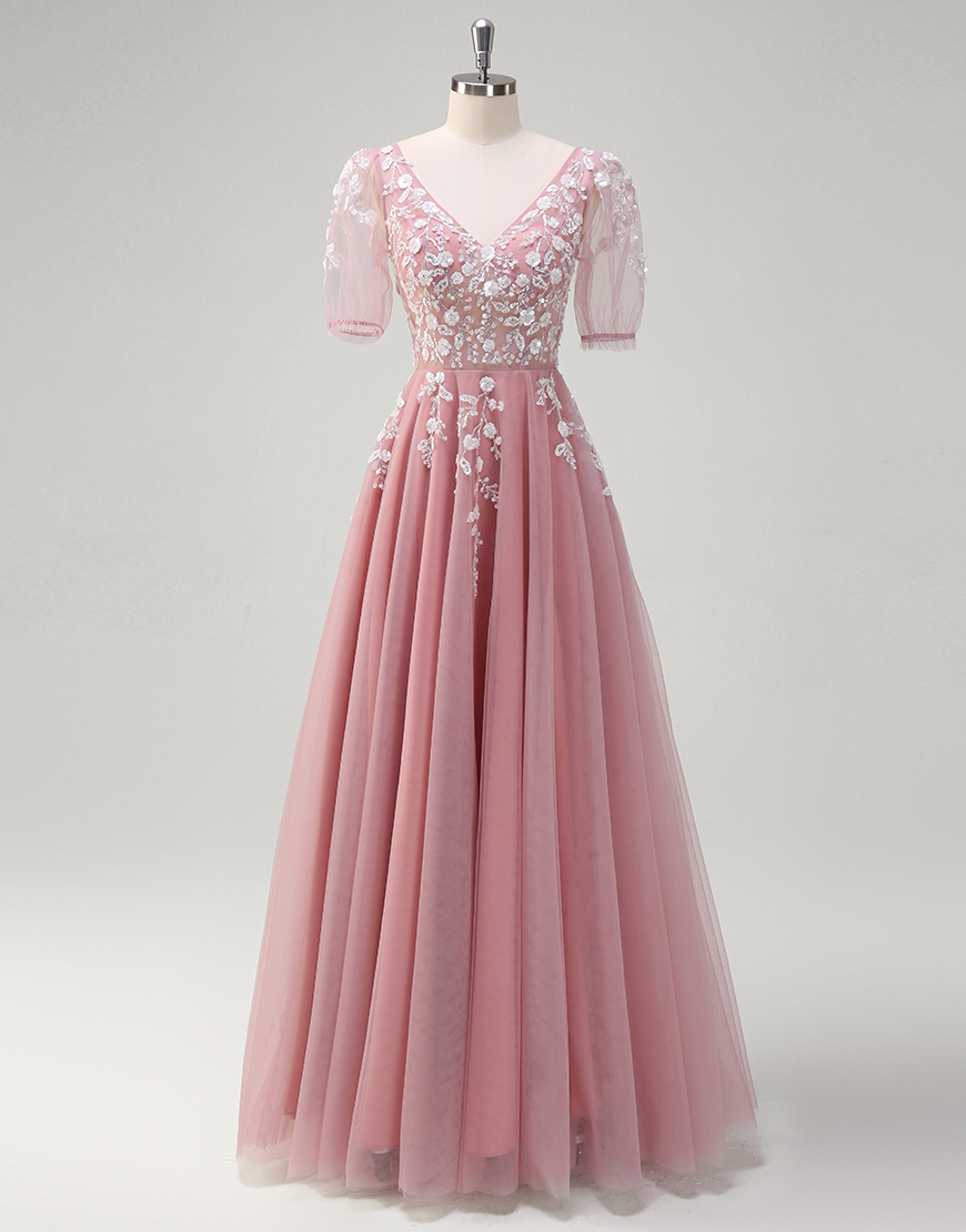 Sparkly Blush A-Line Short Sleeves V Neck Flowers Tulle Long Prom Dress