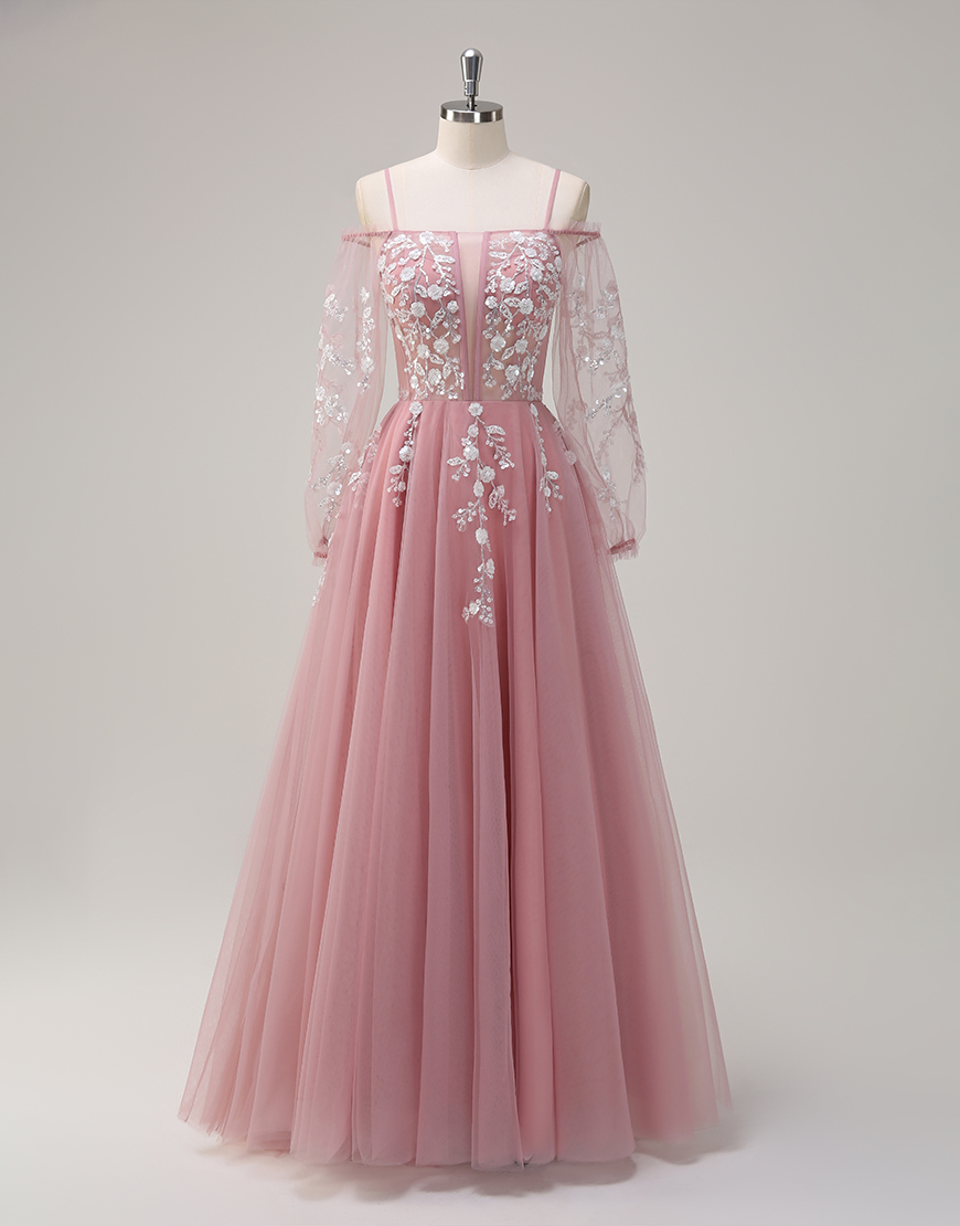 Sparkly Blush A-Line Cold Shoulder Flowers Corset Tulle Long Prom Dress