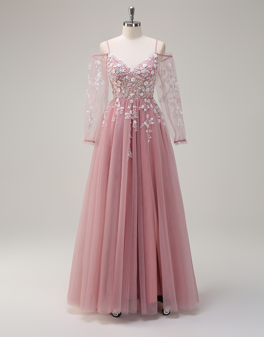 Sparkly Blush Cold Shoulder Long Sleeves Flowers Tulle Long Prom Dress with Slit