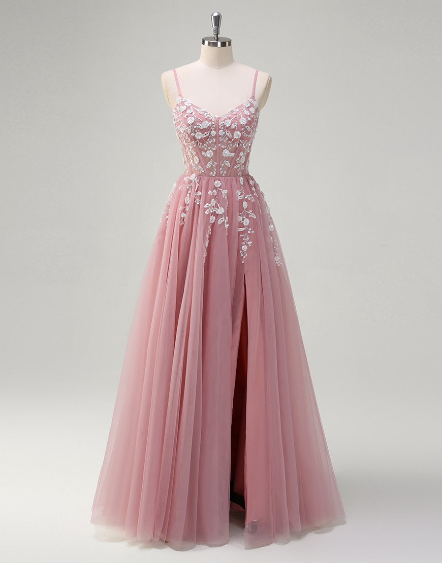 Sparkly Blush A-Line Spaghetti Straps Sequined Flowers Tulle Long Prom Dress with Slit