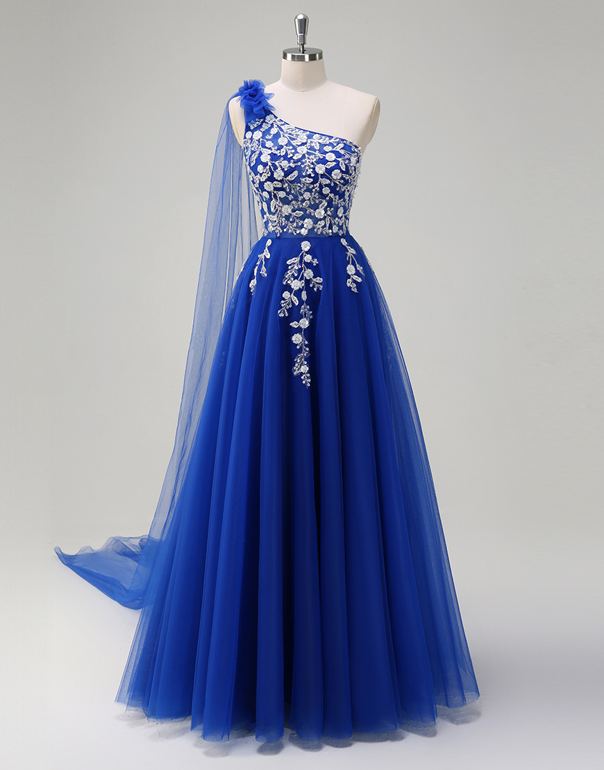 Sparkly Royal Blue A-Line One Shoulder Side Cape Appliques Tulle Long Prom Dress