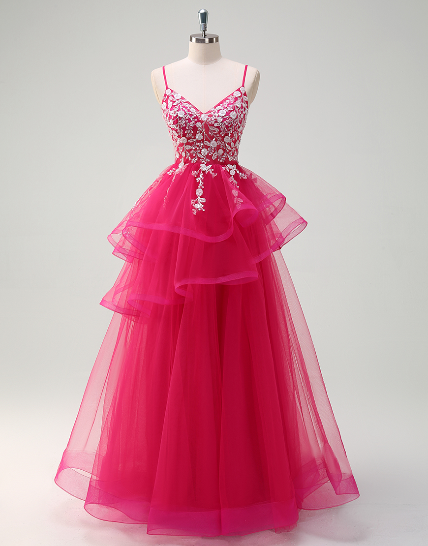 Sparkly Fuchsia A-Line Spaghetti Straps Tiered Tulle Long Prom Dress with Appliques