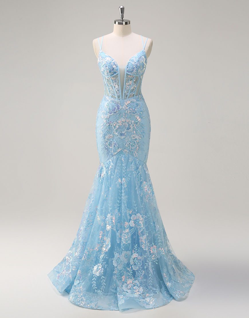 Berlinnova Women Sparkly Blue Long Prom Dress Mermaid Spaghetti Straps Corset Floral Embroidery Evening Dress