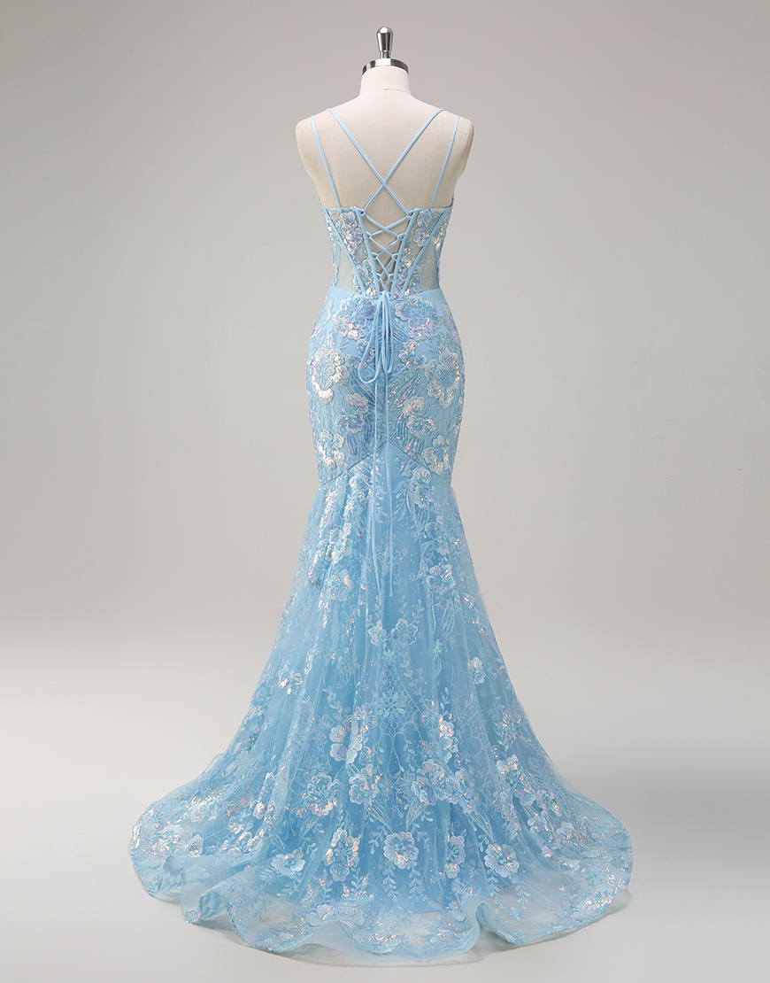Berlinnova Women Sparkly Blue Long Prom Dress Mermaid Spaghetti Straps Corset Floral Embroidery Evening Dress