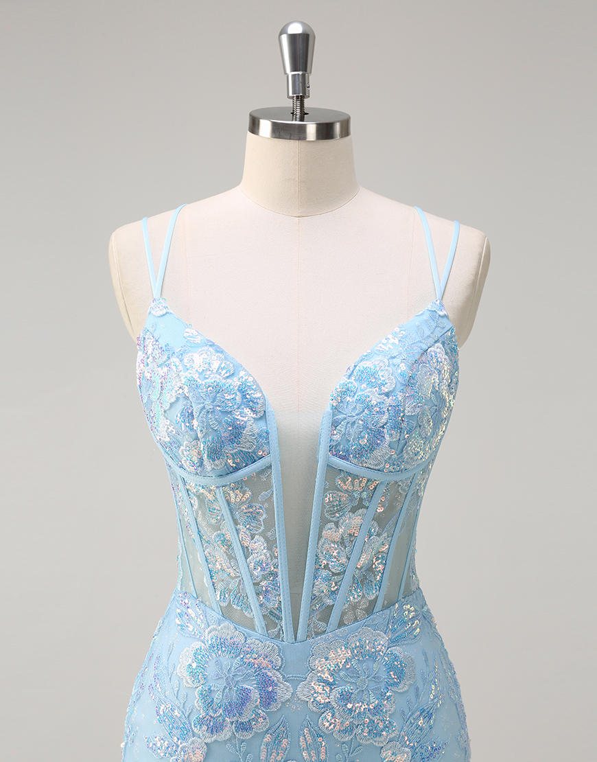 Berlinnova Women Sparkly Blue Long Prom Dress Mermaid Spaghetti Straps Corset Floral Embroidery Evening Dress