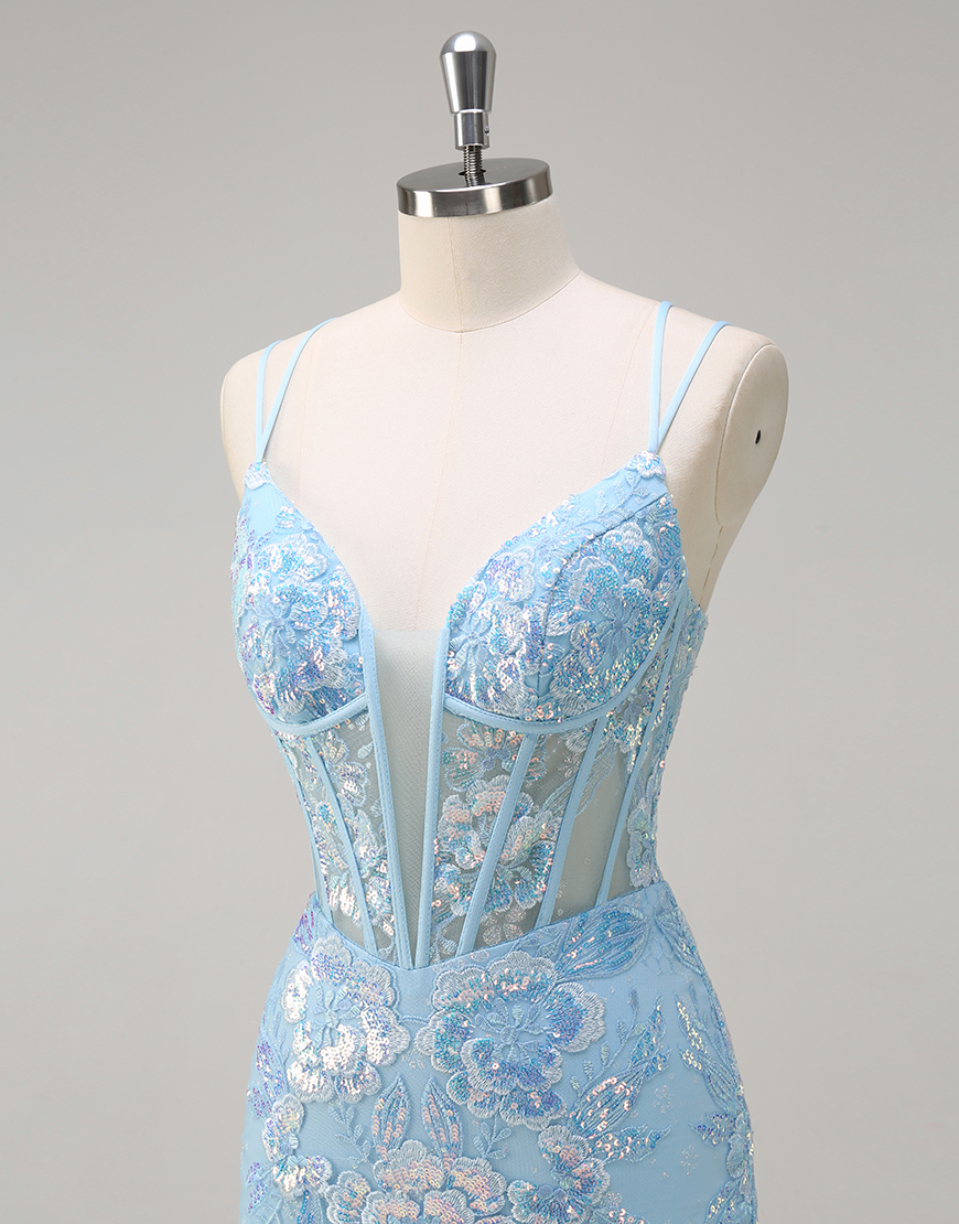 Berlinnova Women Sparkly Blue Long Prom Dress Mermaid Spaghetti Straps Corset Floral Embroidery Evening Dress