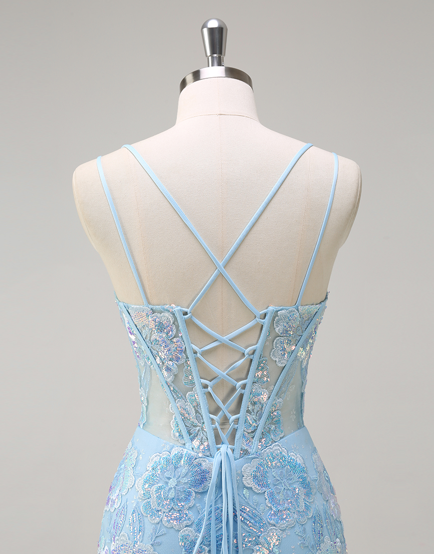 Berlinnova Women Sparkly Blue Long Prom Dress Mermaid Spaghetti Straps Corset Floral Embroidery Evening Dress